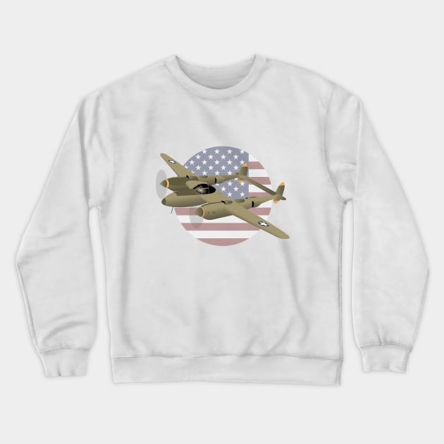 WW2 P-38 Lightning Airplane with US Flag Crewneck Sweatshirt by NorseTech